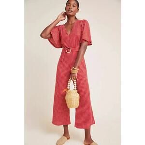 Anthropologie Ett:twa Margaret Belted Red/White Checkered Jumpsuit Women's 8